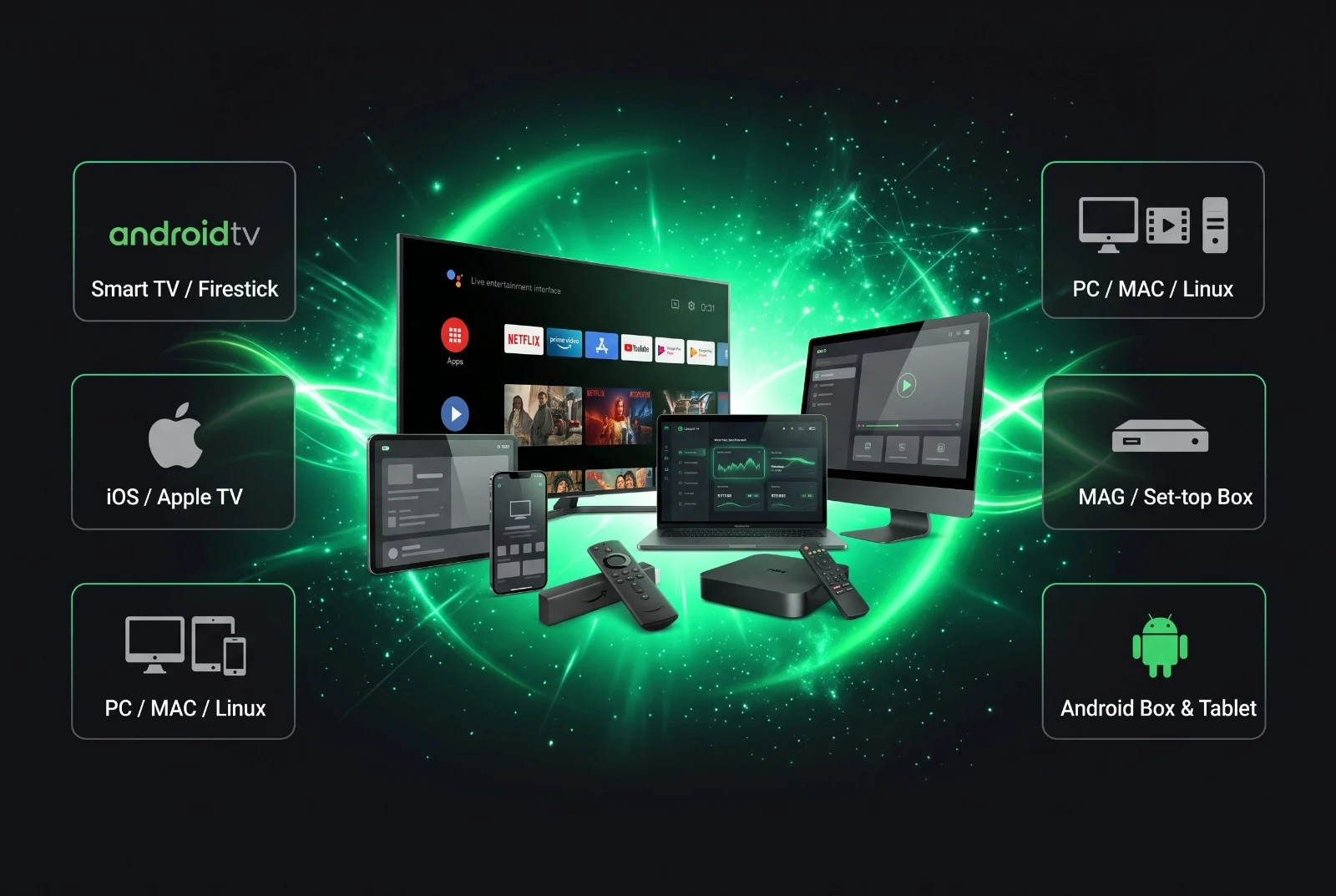 رسم توضيحي: تلفزيونات وهواتف وأجهزة لوحية وأجهزة استقبال متوافقة مع خدمة IPTV.